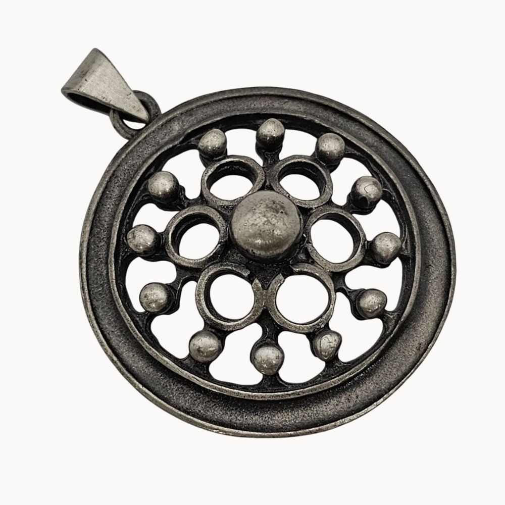 Vtg Danish Handmade Pewter Pendant Scandinavian Modern Brutalist Medallion Disc